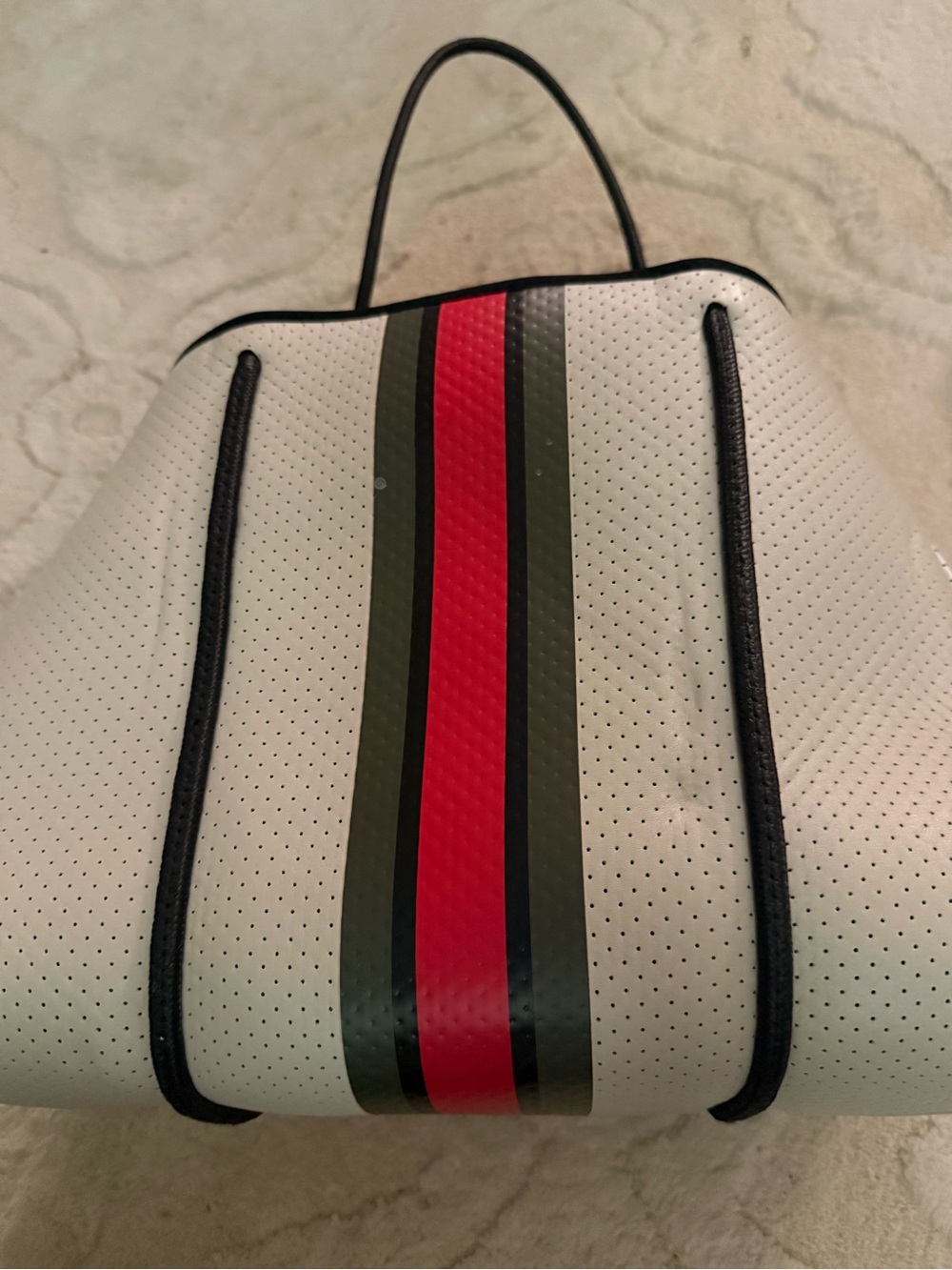 HAUTE SHORE White Neoprene Tote with Red and Green Center Stripe
